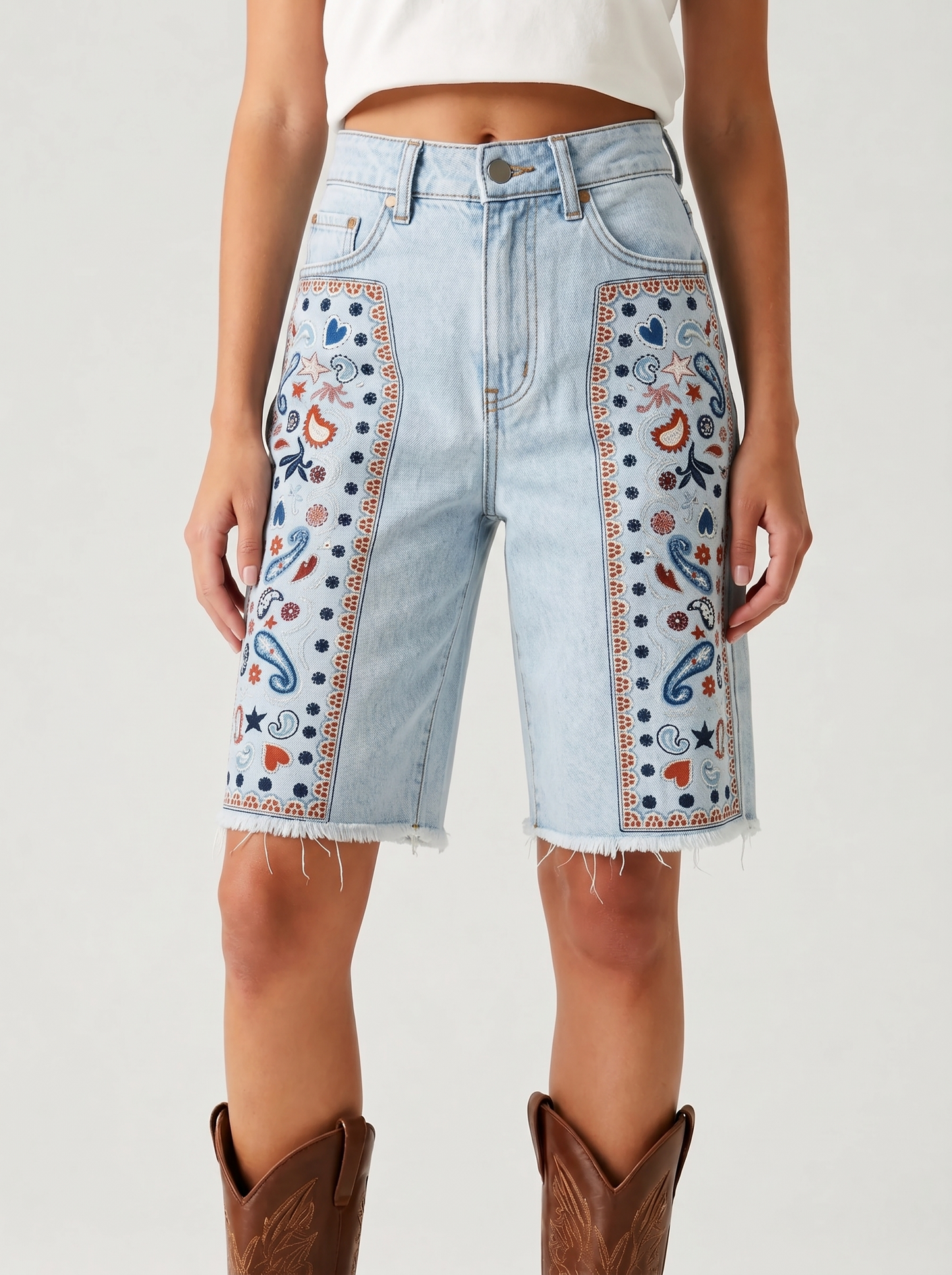 Aqua Baroque Swirl Denim Shorts – Front View – Riley – Light Blue