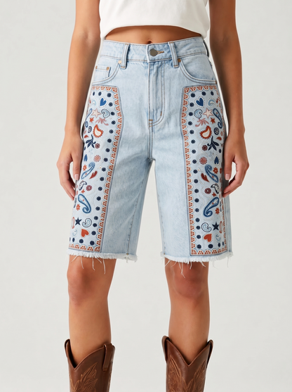 Aqua Baroque Swirl Denim Shorts – Front View – Riley – Light Blue