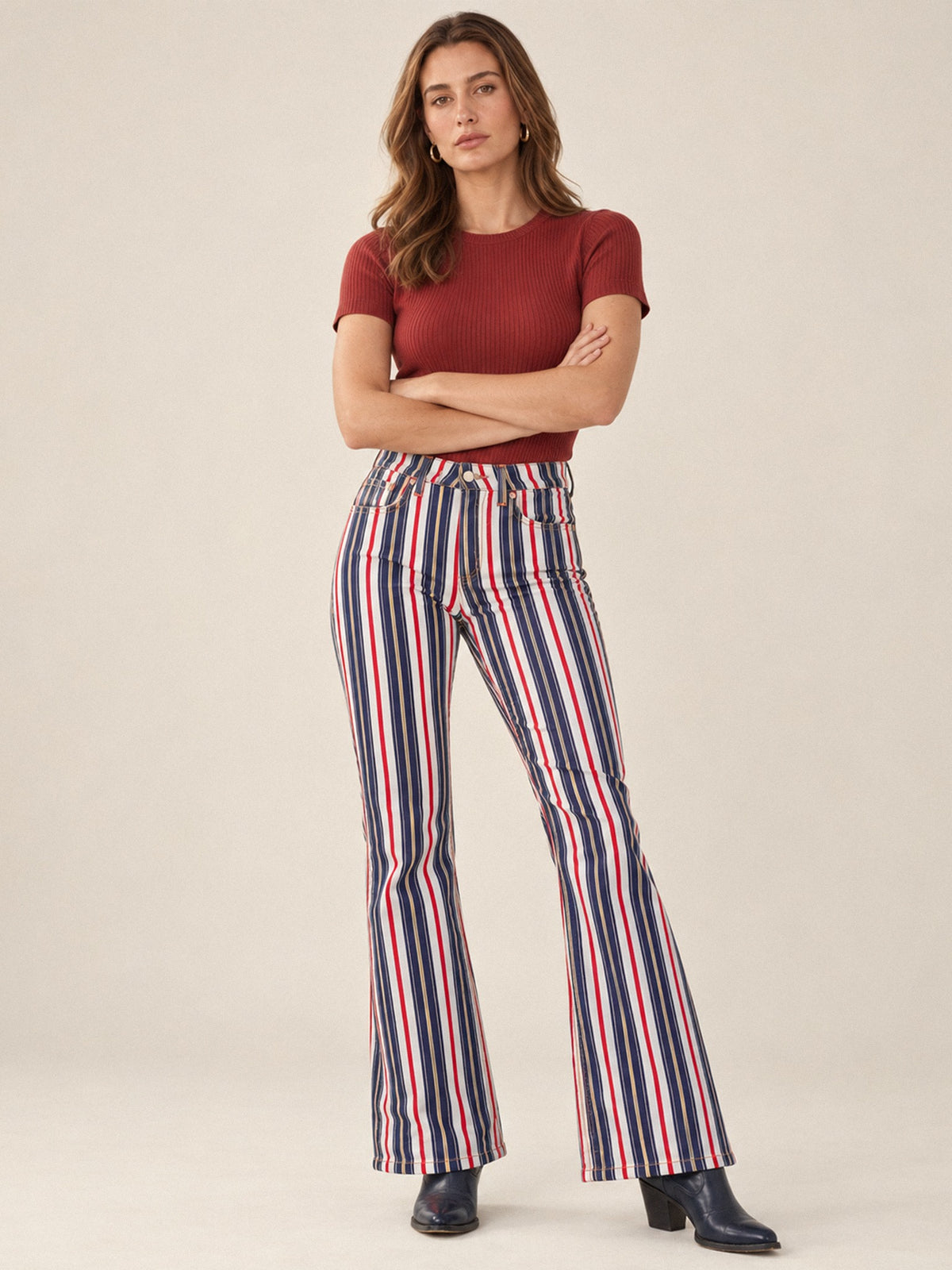 Canyon Stride Bootcut Jeans – Front View – Riley – Navy, Red, White