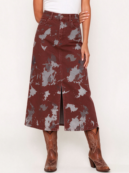 Rustic Mirage Maroon Western Denim Midi Skirt – Front View – Riley – Maroon