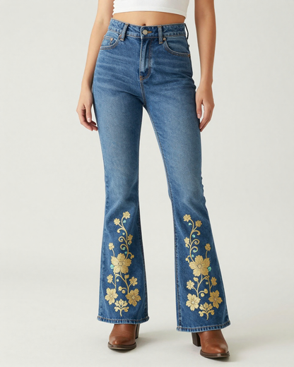 Gold Floral Hem Bootcut Jeans – Front View – Riley – Medium Blue