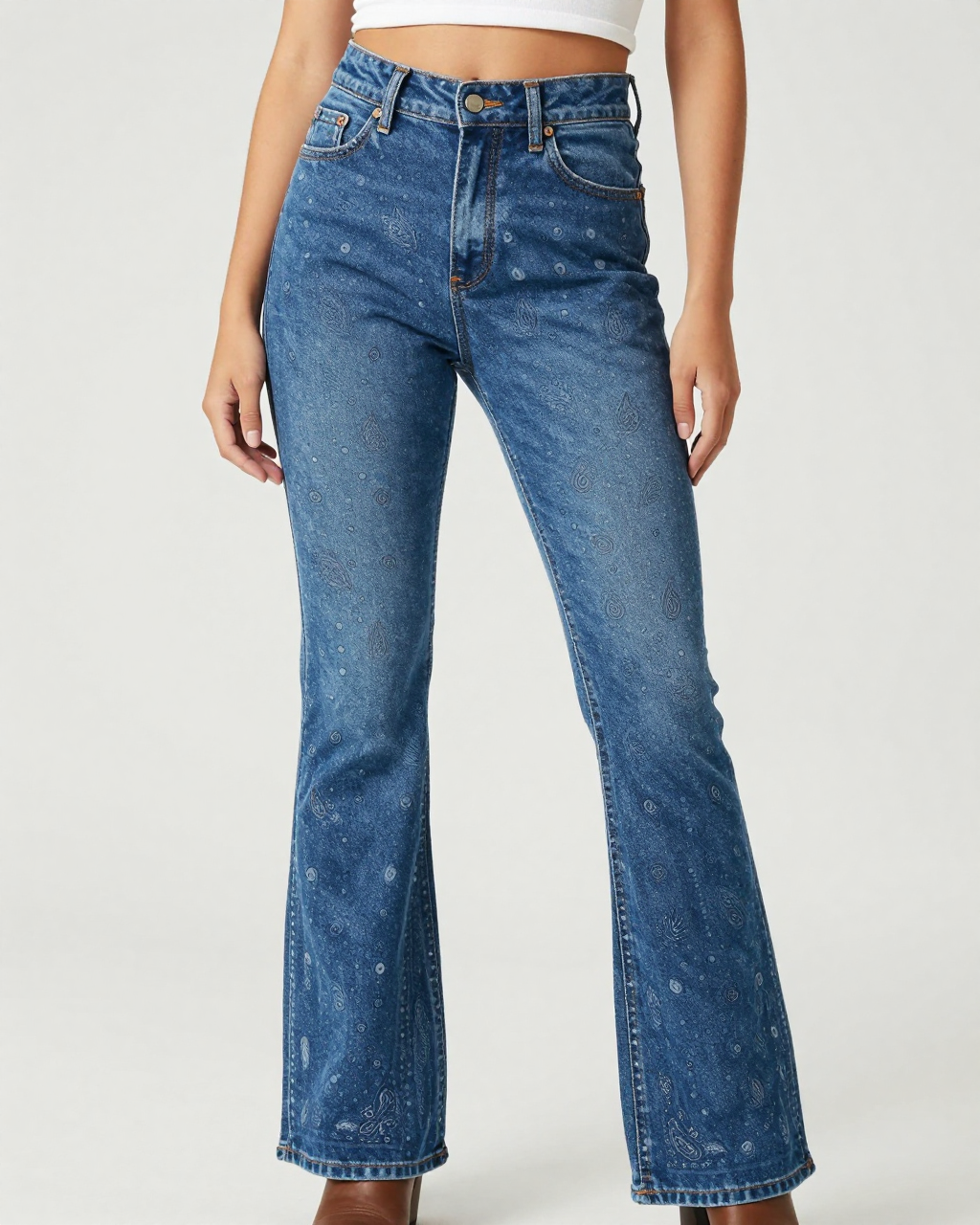 Tone-on-Tone Denim Bandana Bootcut Jeans – Front View – Riley – Denim Blue / Indigo