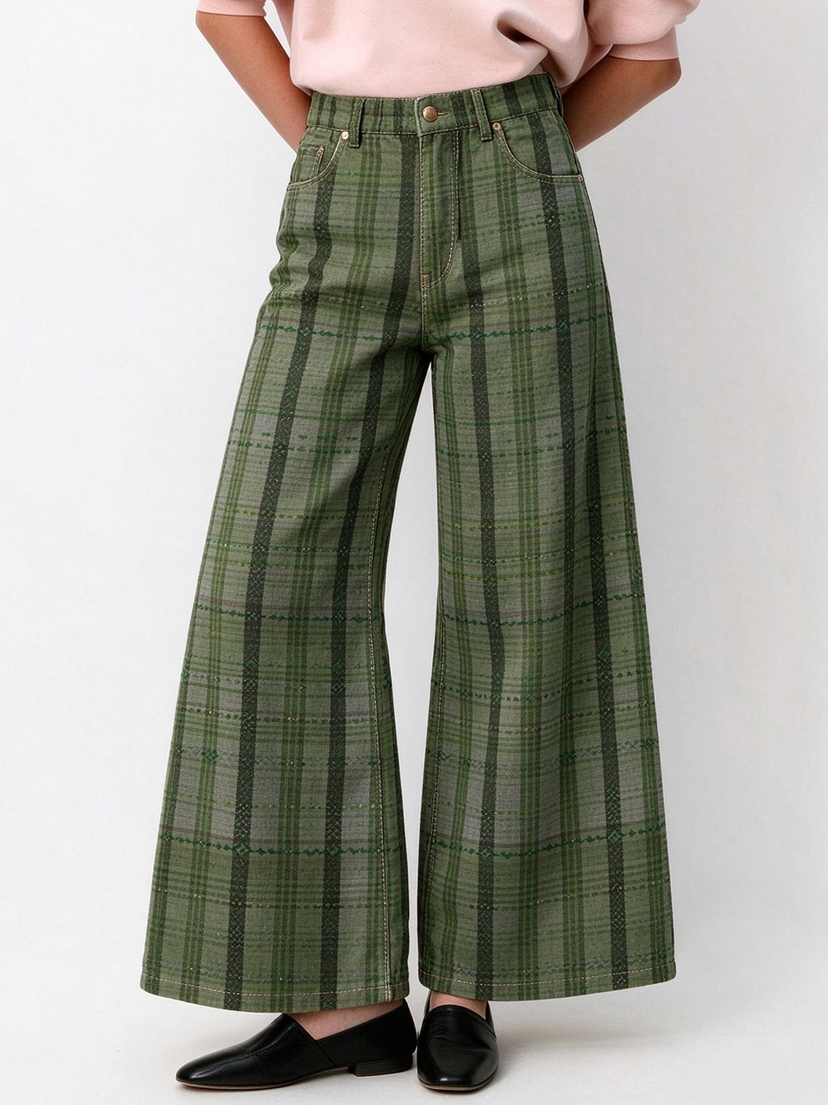 Prairie Sage Plaid Wide-Leg Jeans