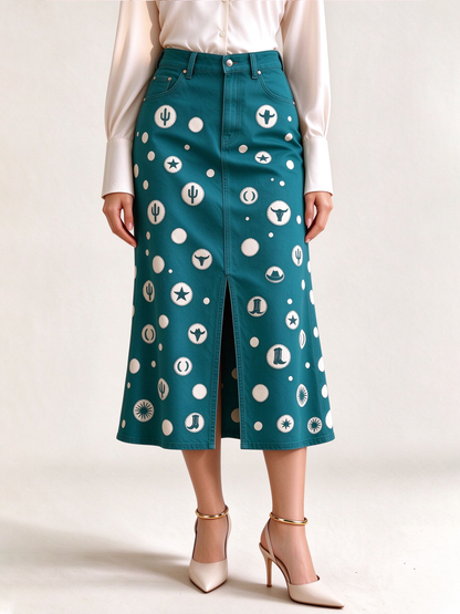 Desert Starlight Western Denim Midi Skirt – Front View – Riley – Teal