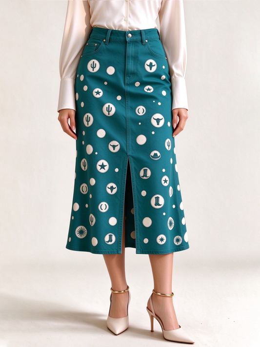 Desert Starlight Western Denim Midi Skirt – Front View – Riley – Teal
