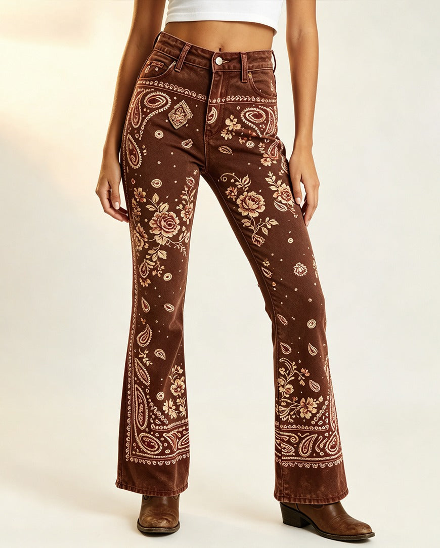 Desert Bloom Brown Floral Bootcut Jeans – Front View – Riley – brown