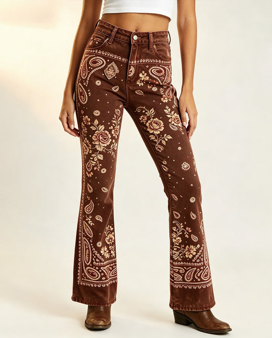 Desert Bloom Brown Floral Bootcut Jeans – Front View – Riley – brown