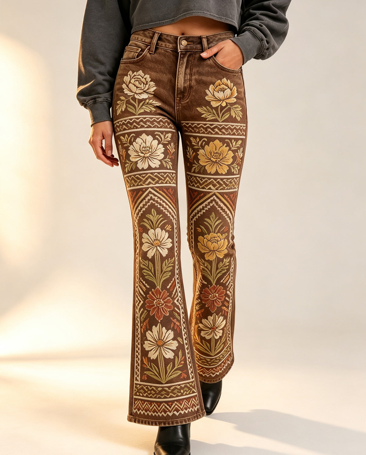 Desert Bloom Brown Floral 2 Bootcut Jeans – Front View – Riley – brown