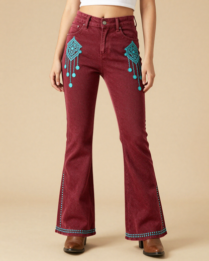 Cranberry Chandelier Bootcut Jeans – Front View – Riley – Cranberry Red