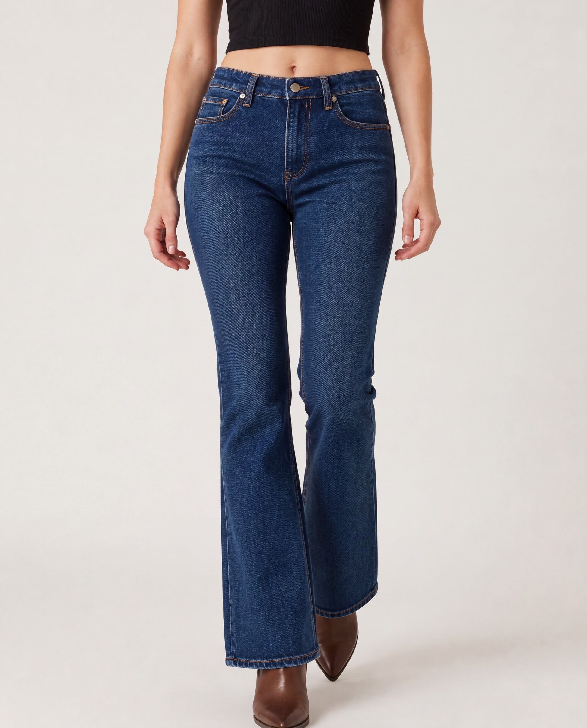 Prairie Bloom Bootcut Jeans – Front View – Riley – Deep Indigo