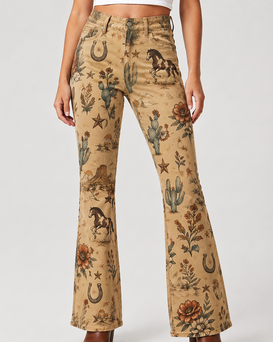 Horseshoe Horizon Bootcut Jeans – Front View – Riley – tan