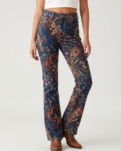 Desert Paisley Dark Bootcut Jeans – Front View – Riley – Dark Indigo