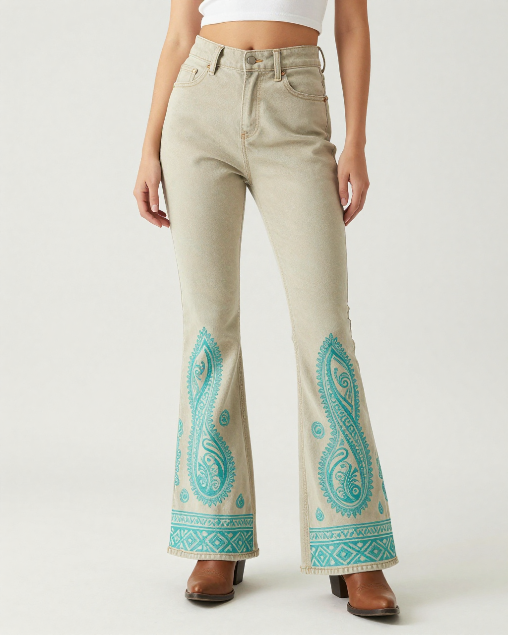 Sage Turquoise Paisley Bootcut Jeans – Front View – Riley – Sage Beige