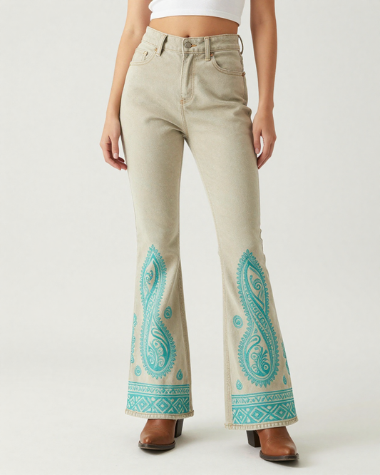 Sage Turquoise Paisley Bootcut Jeans – Front View – Riley – Sage Beige