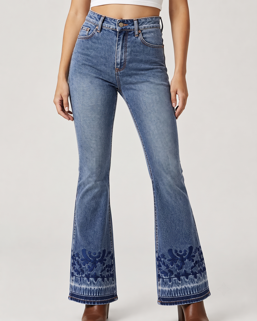 Cactus Bloom Blue Floral Bootcut Jeans – Front View – Riley – blue