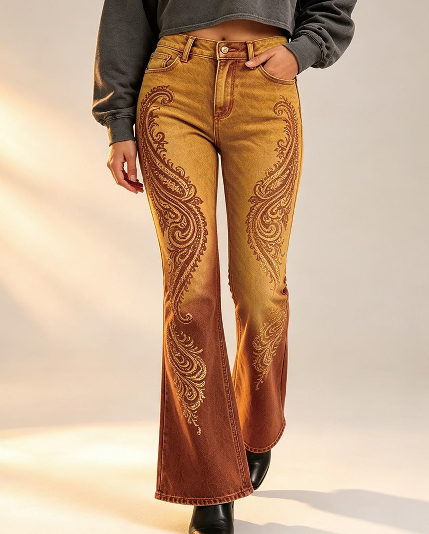 Desert Bloom Mustard Bootcut Jeans – Front View – Riley – mustard