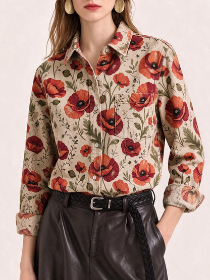 Prairie Poppy Scatter Long Sleeve Denim Shirt