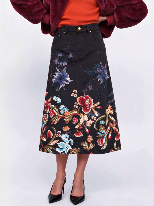 Saloon Rose Brocade Ankle-Length Denim Skirt