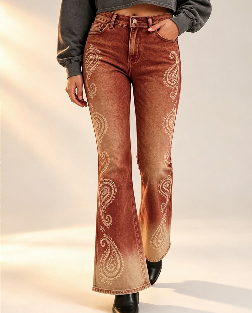 Prairie Whirl Rust Bootcut Jeans – Front View – Riley – rust
