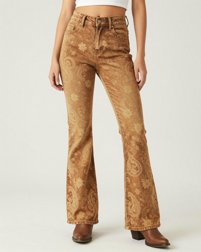 Caramel Paisley AOP Bootcut Jeans – Front View – Riley – Caramel Brown