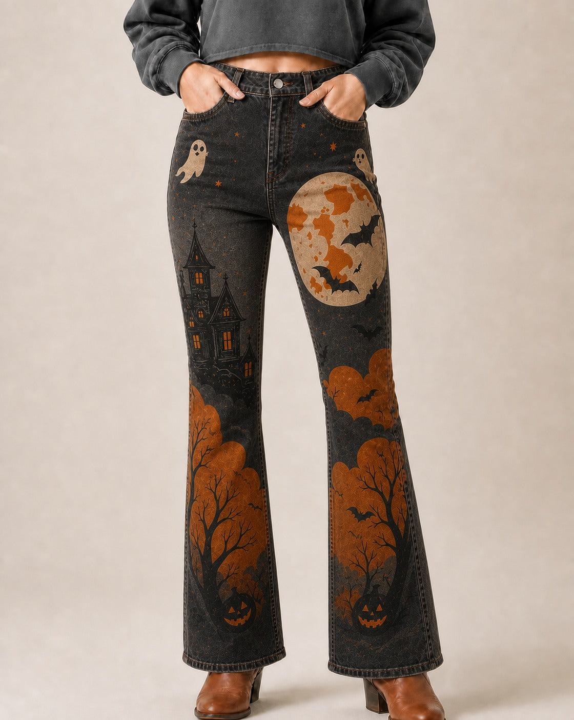 Hollow Moon Ridge Bootcut Jeans – Front View – Riley – black, orange, brown