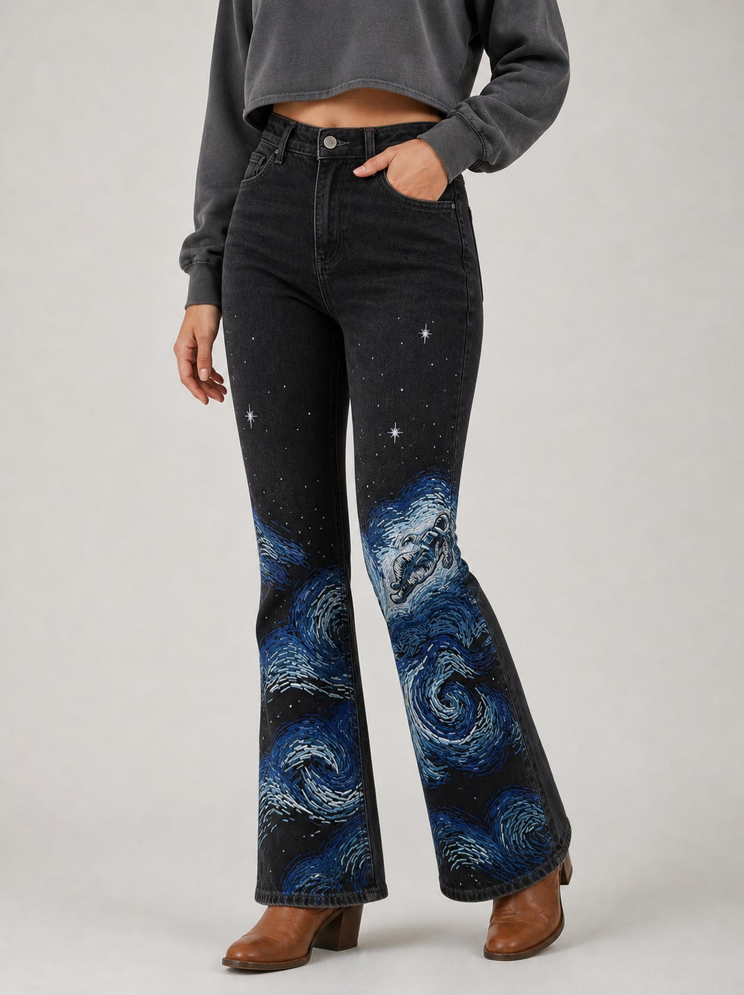 Starlight Rodeo Bootcut Jeans – Front View – Riley – black, blue, white