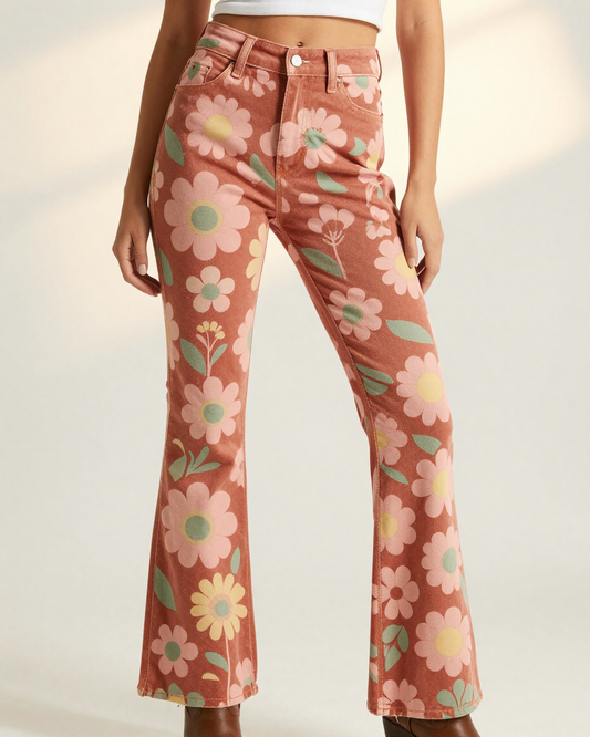 Sunset Daisy Bootcut Jeans – Front View – Riley – Rust / Gold / Cream