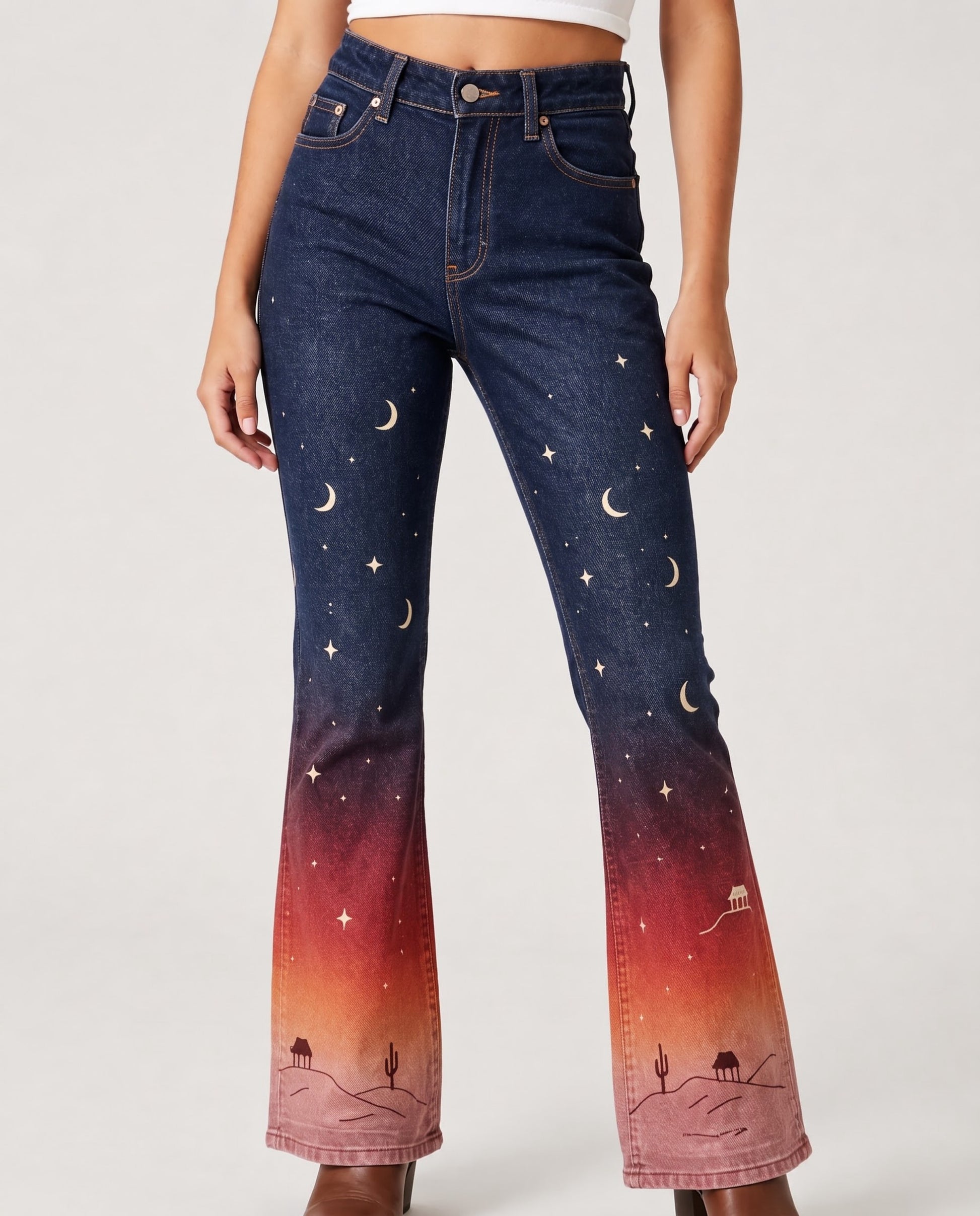 Desert Mirage Navy Bootcut Jeans – Front View – Riley – navy, rust, pink