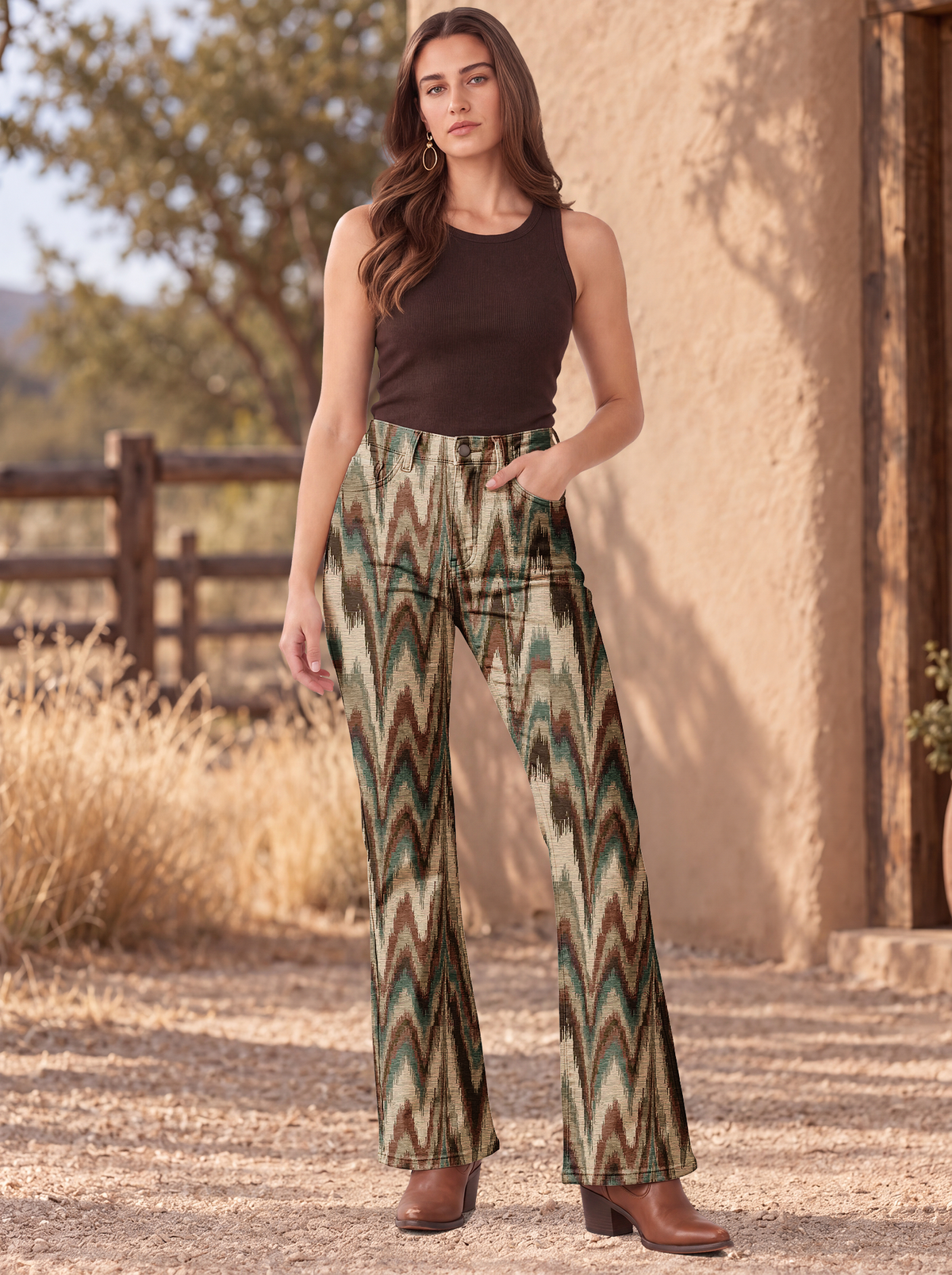 Olive Canyon Weave Bootcut Jeans – Front View – Riley – Olive Green