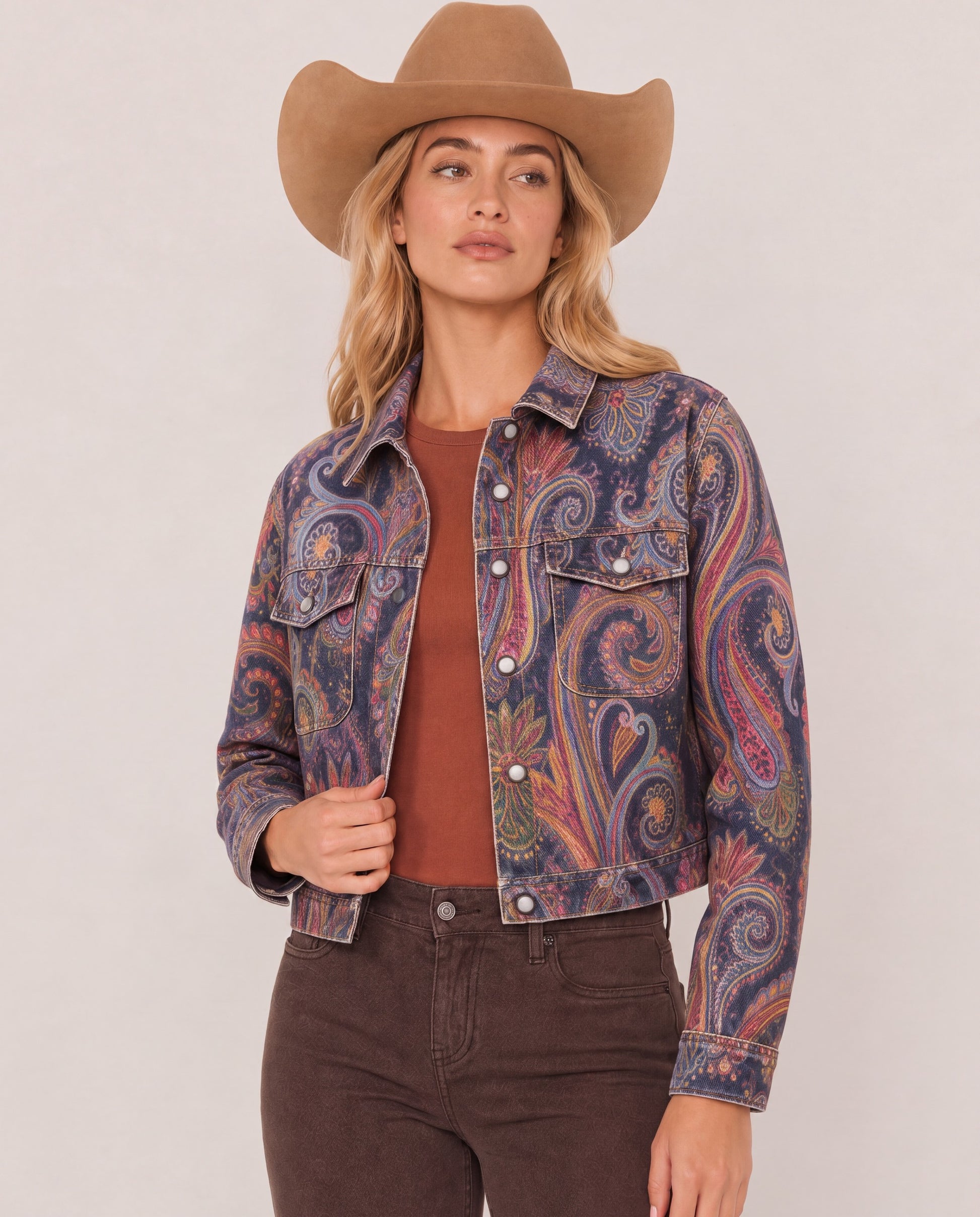 Prairie Mirage Navy RB-JKT01 – Front View – Riley – navy blue, rust orange, mustard yellow, deep red