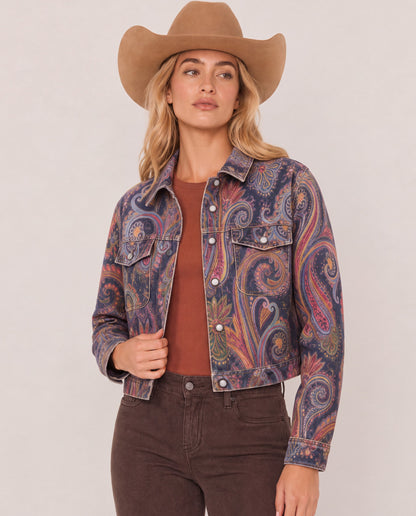 Prairie Mirage Navy RB-JKT01 – Front View – Riley – navy blue, rust orange, mustard yellow, deep red