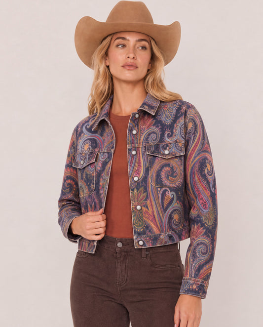 Prairie Mirage Navy RB-JKT01 – Front View – Riley – navy blue, rust orange, mustard yellow, deep red