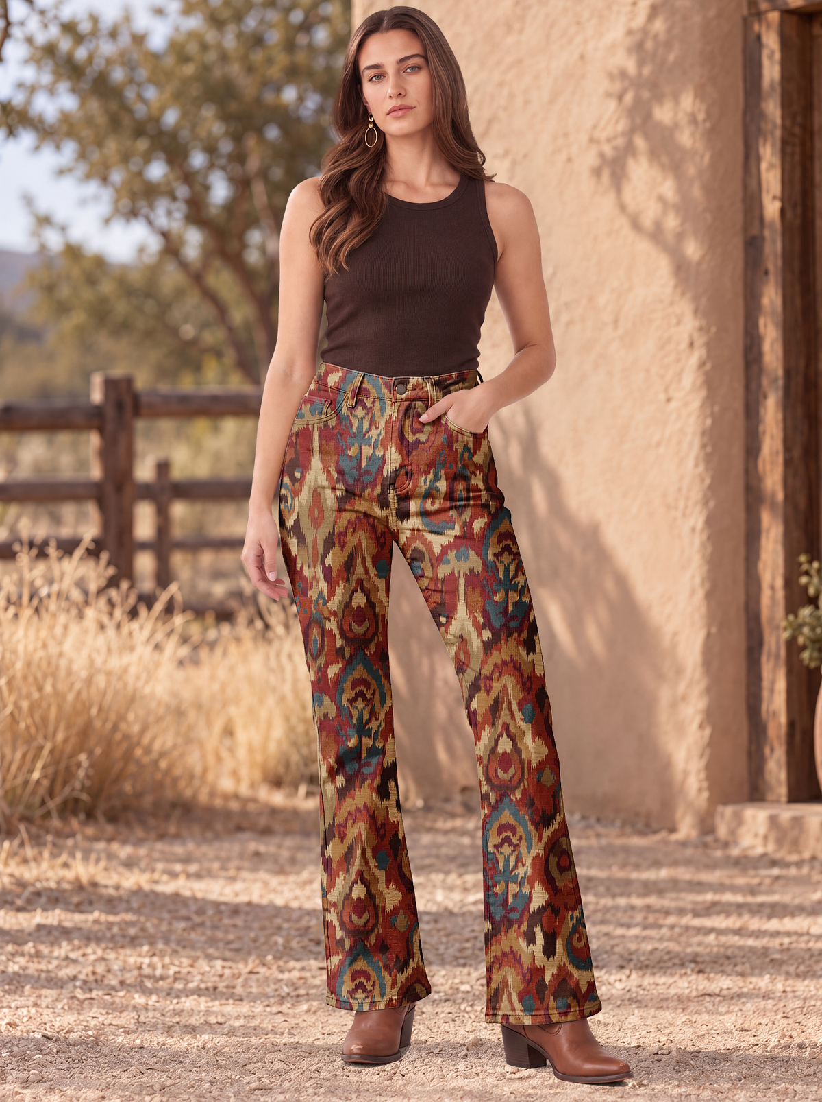 Desert Ikat Bootcut Jeans – Front View – Riley – Rust