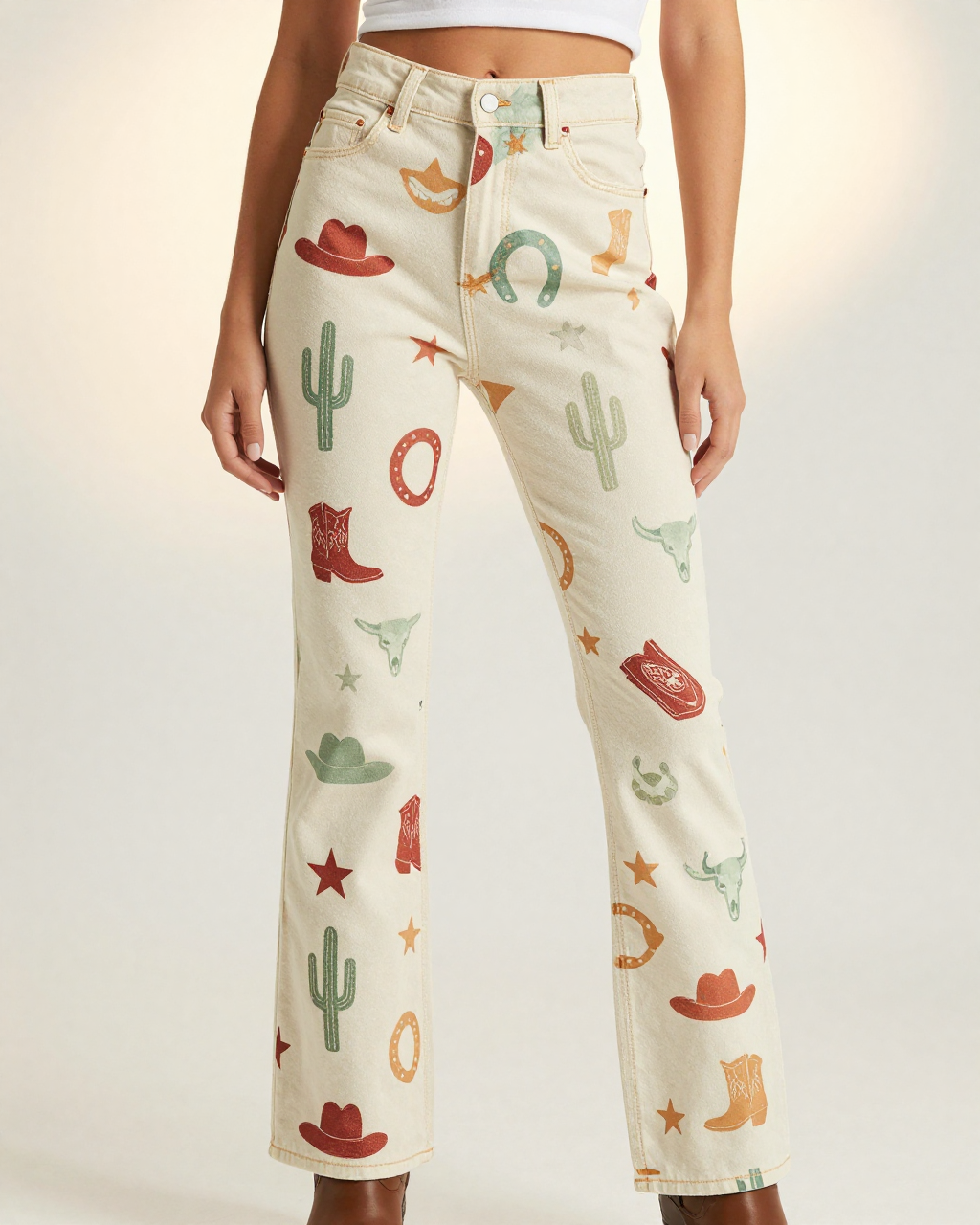 Cowgirl Toss Warm Bootcut Jeans – Front View – Riley – Terracotta / Sage / Cream