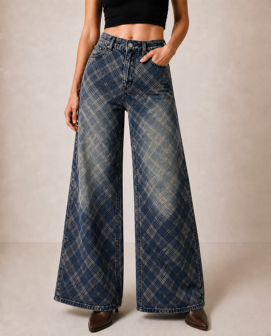 Plaid Prairie Widelegs RB-BOT05 – Front View – Riley – Indigo