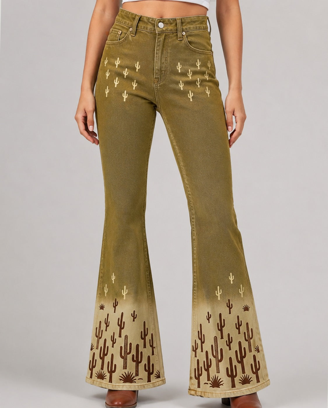 Desert Mirage Olive Bootcut Jeans – Front View – Riley – olive
