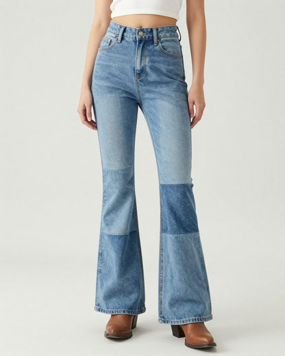 Blue Patchwork Bootcut Jeans – Front View – Riley – Light Blue