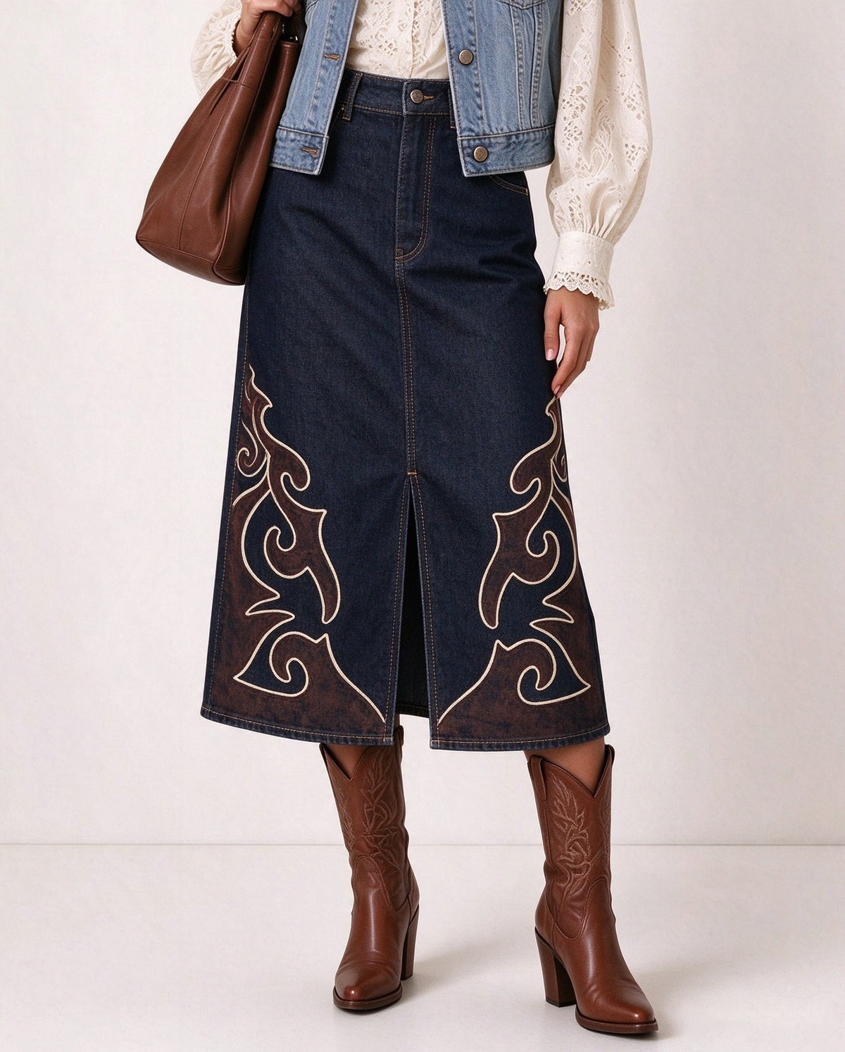 Gunsmoke Scroll Denim Midi Skirt