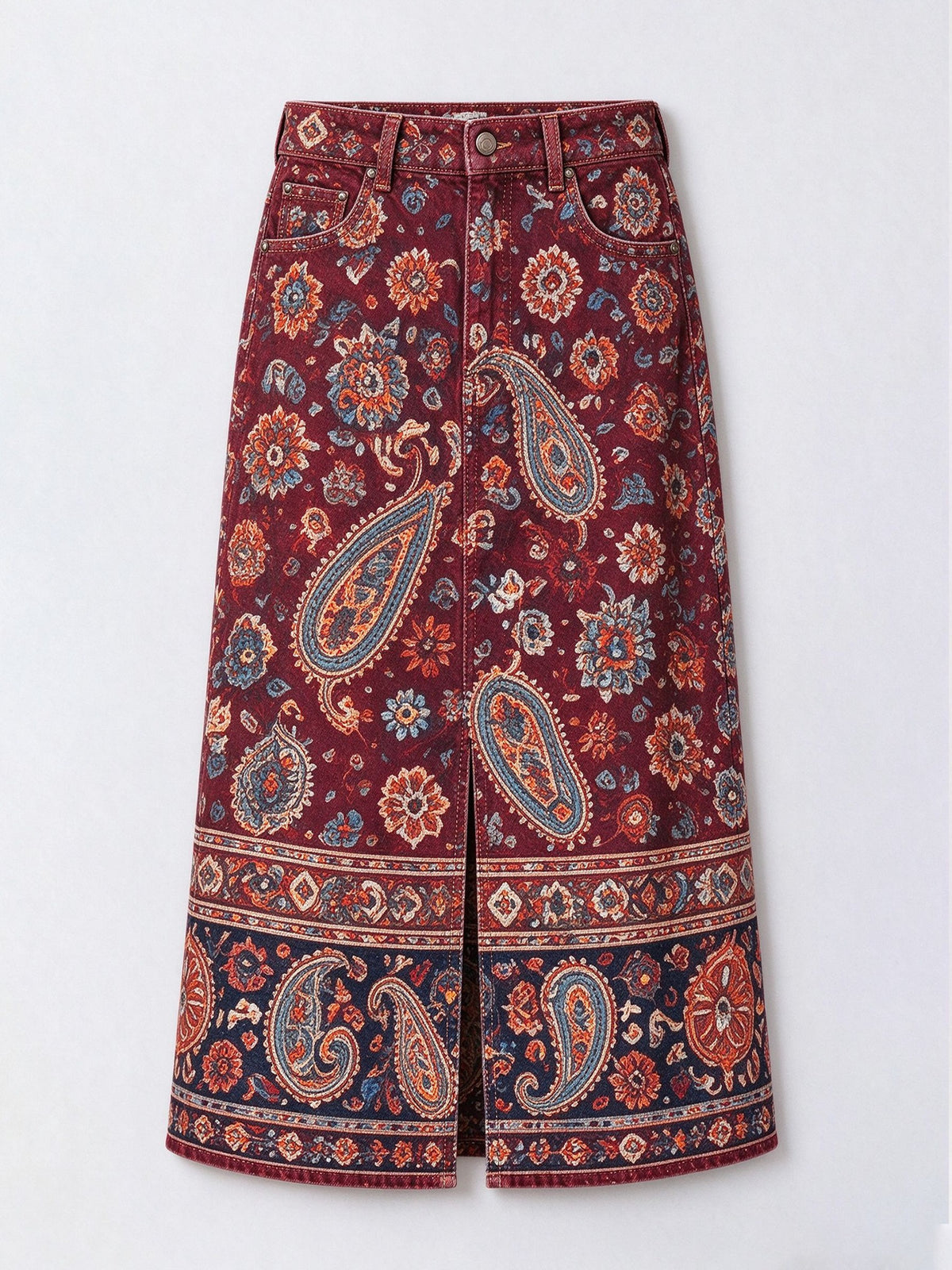 Desert Rose Paisley Denim Midi Skirt
