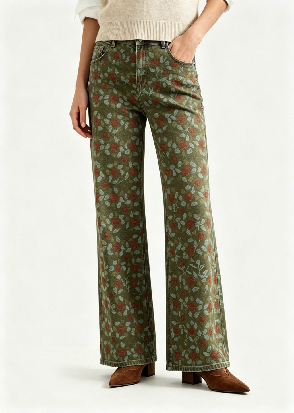 Prairie Rose Bootcut Jeans – Front View – Riley – olive green
