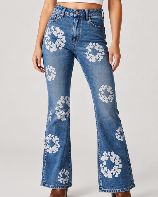 Cactus Bloom Blue Floral 3 Bootcut Jeans – Front View – Riley – blue