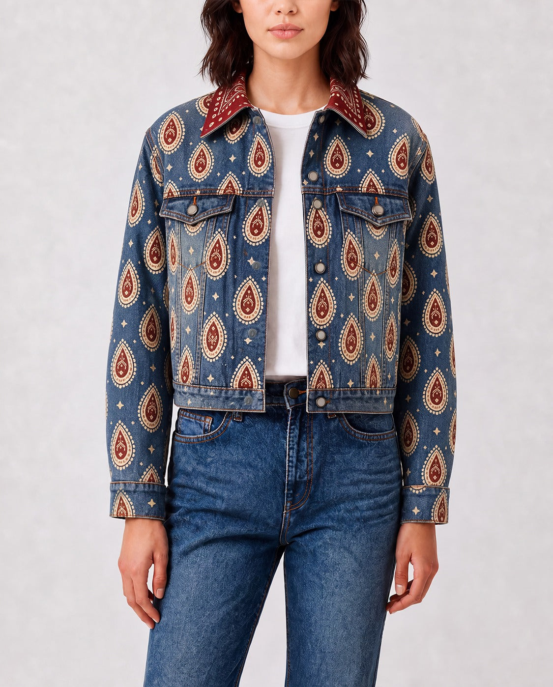 Prairie Echo Indigo RB-JKT01 – Front View – Riley – Indigo Blue, Crimson Red, Cream