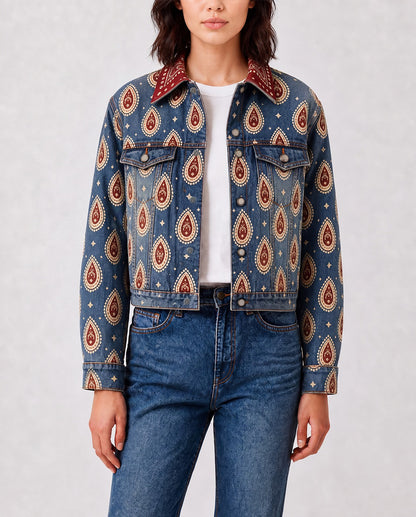 Prairie Echo Indigo RB-JKT01 – Front View – Riley – Indigo Blue, Crimson Red, Cream