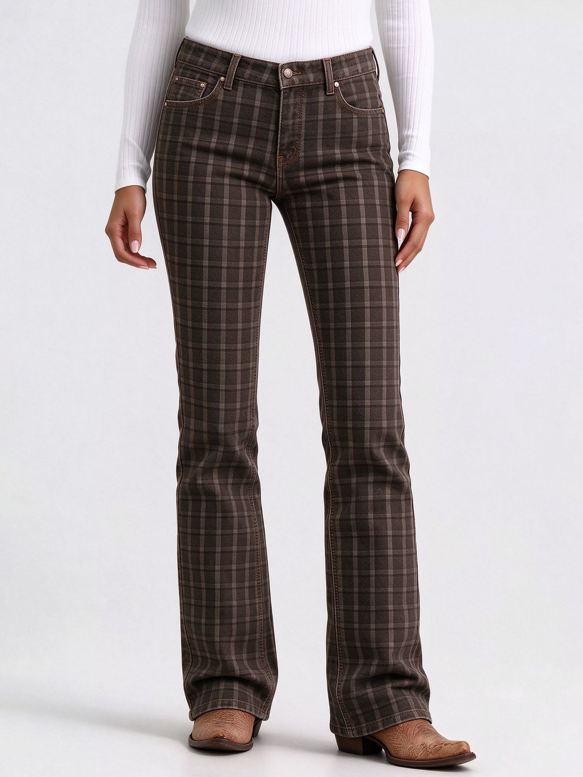 Dusty Trail Check Low-Rise Bootcut Jeans