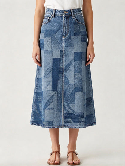 Patchwork Plains Ankle-Length Denim Skirt