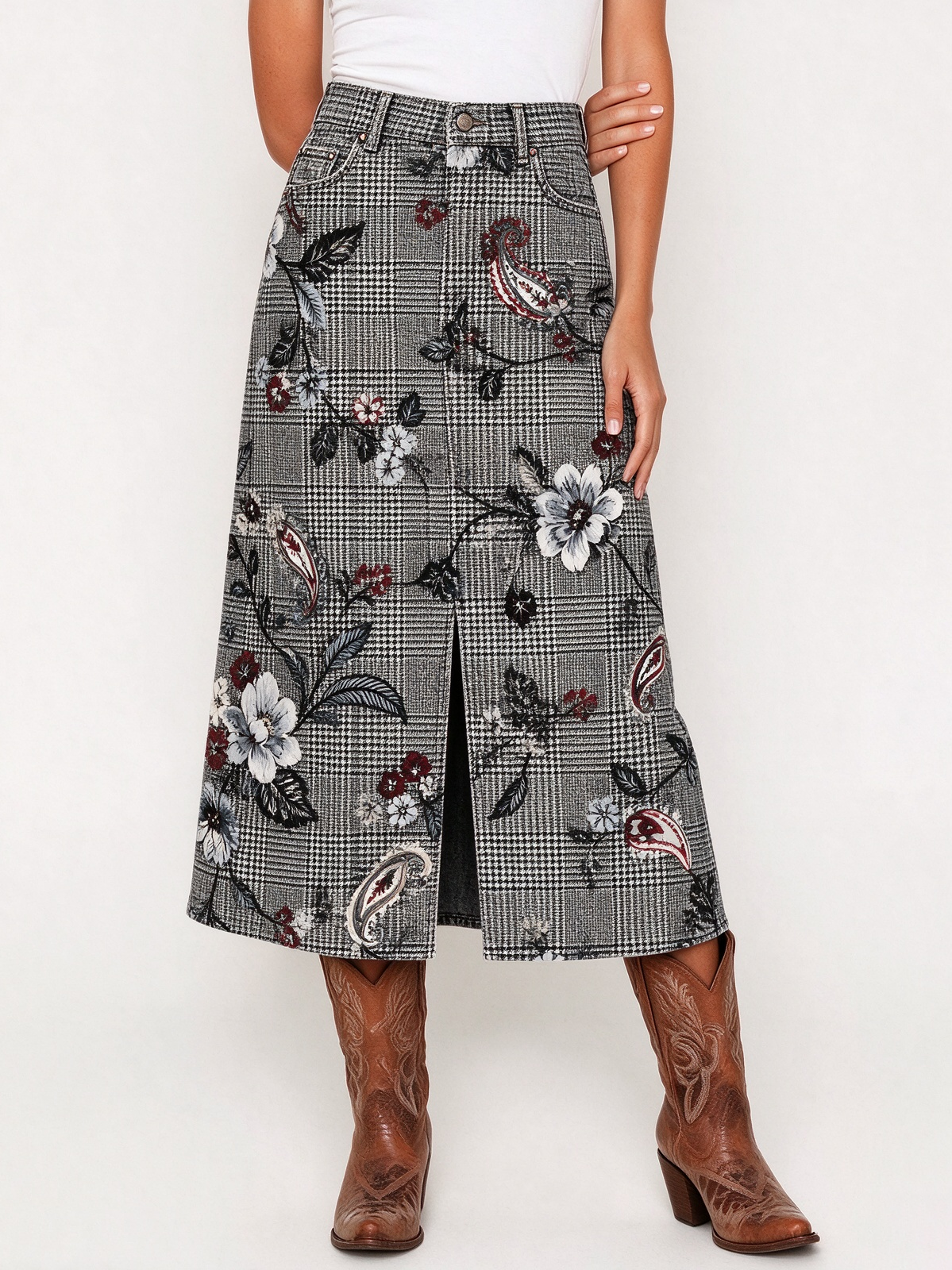 Prairie Bloom 027 Western Denim Midi Skirt – Front View – Riley – Gray