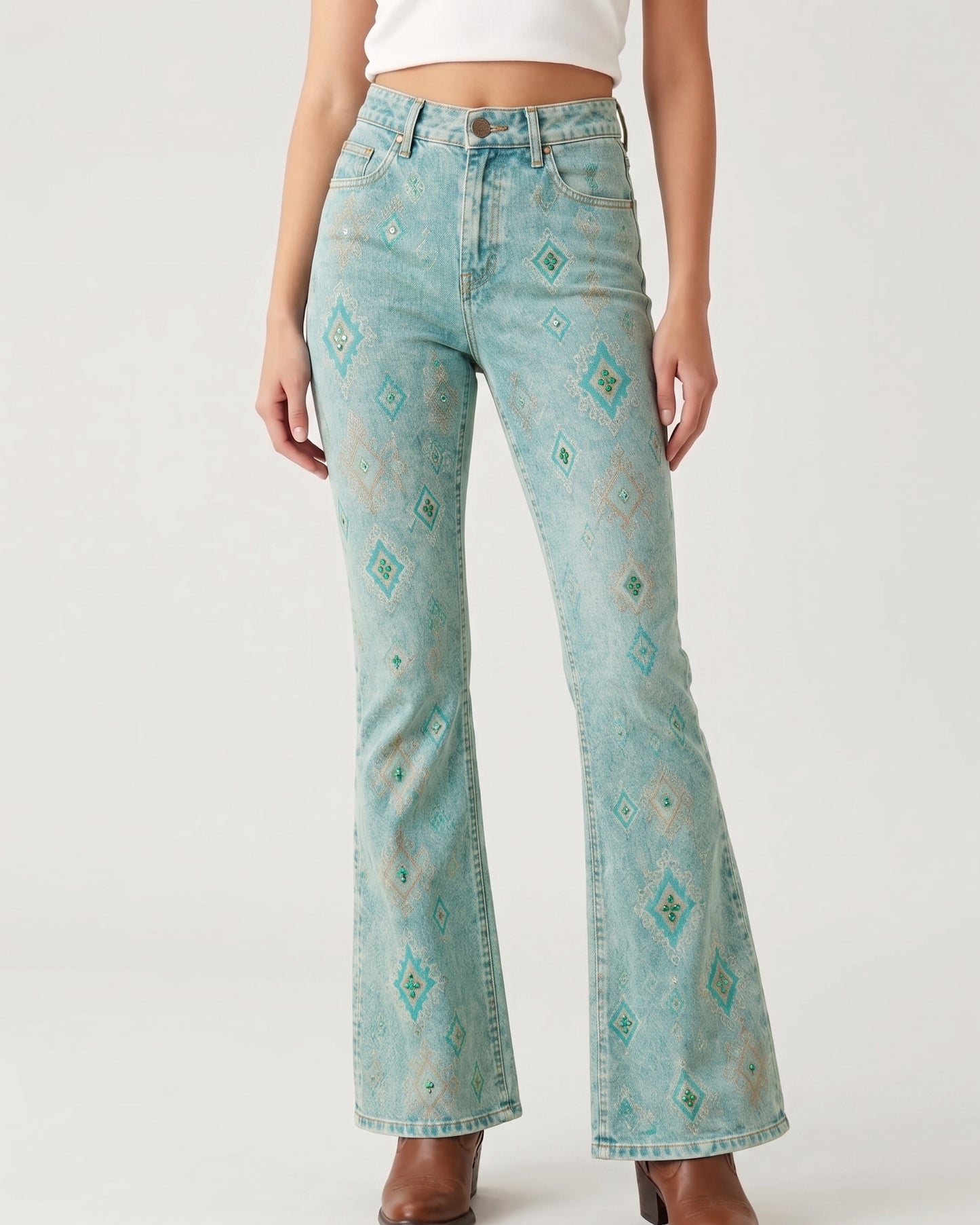 Copper Scroll Panel Bootcut Jeans – Front View – Riley – Warm Brown