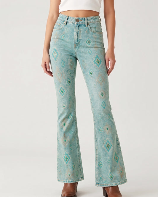 Copper Scroll Panel Bootcut Jeans – Front View – Riley – Warm Brown