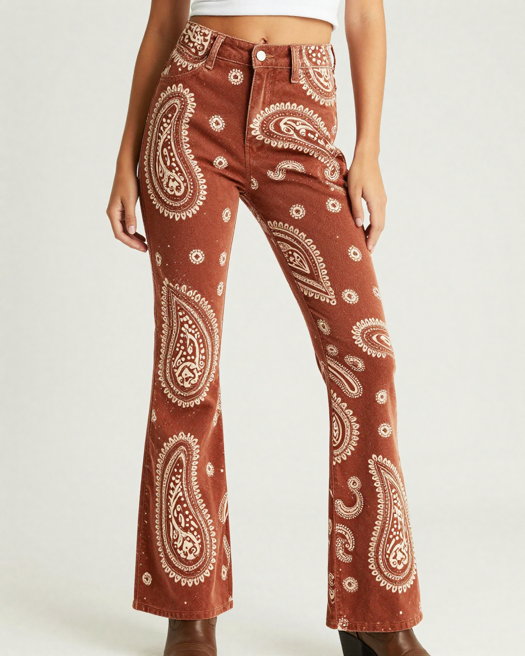 Giant Paisley Rust Bootcut Jeans – Front View – Riley – Rust / Cream