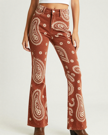 Giant Paisley Rust Bootcut Jeans – Front View – Riley – Rust / Cream